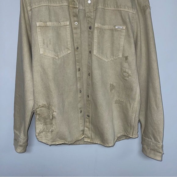 Zara Denim Overshirt Men's‎ Size Medium Khaki Tan Ripped Distressed - Picture 7 of 16